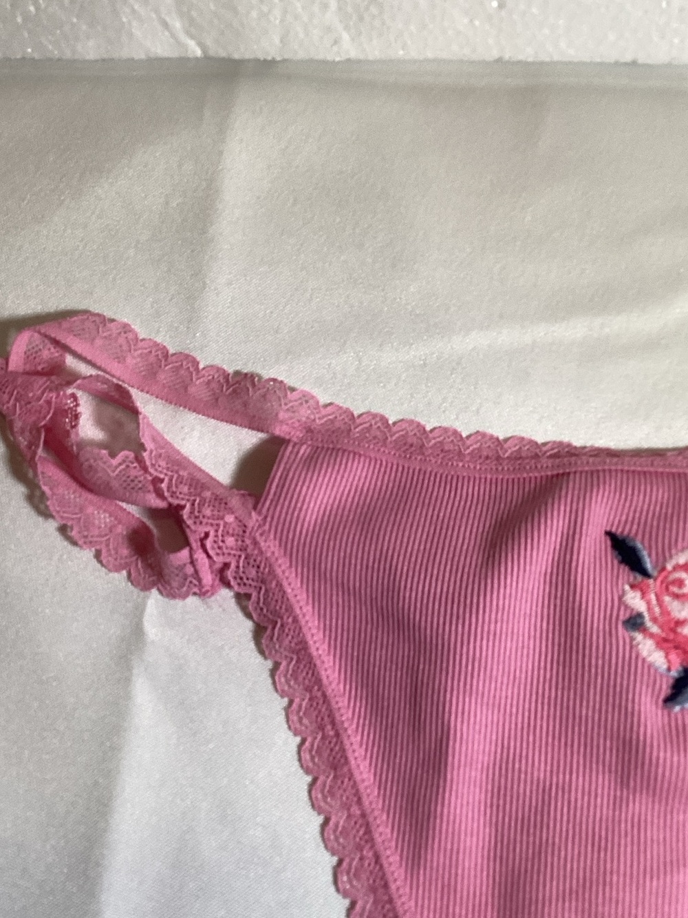 PINK Victoria's Secret Pink Ribbed Thong with Rose Embroidery - Picture 3 of 10